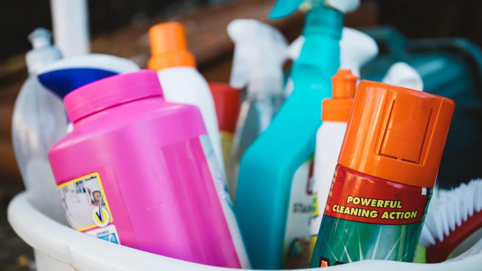Cleaning supplies in a caddy
