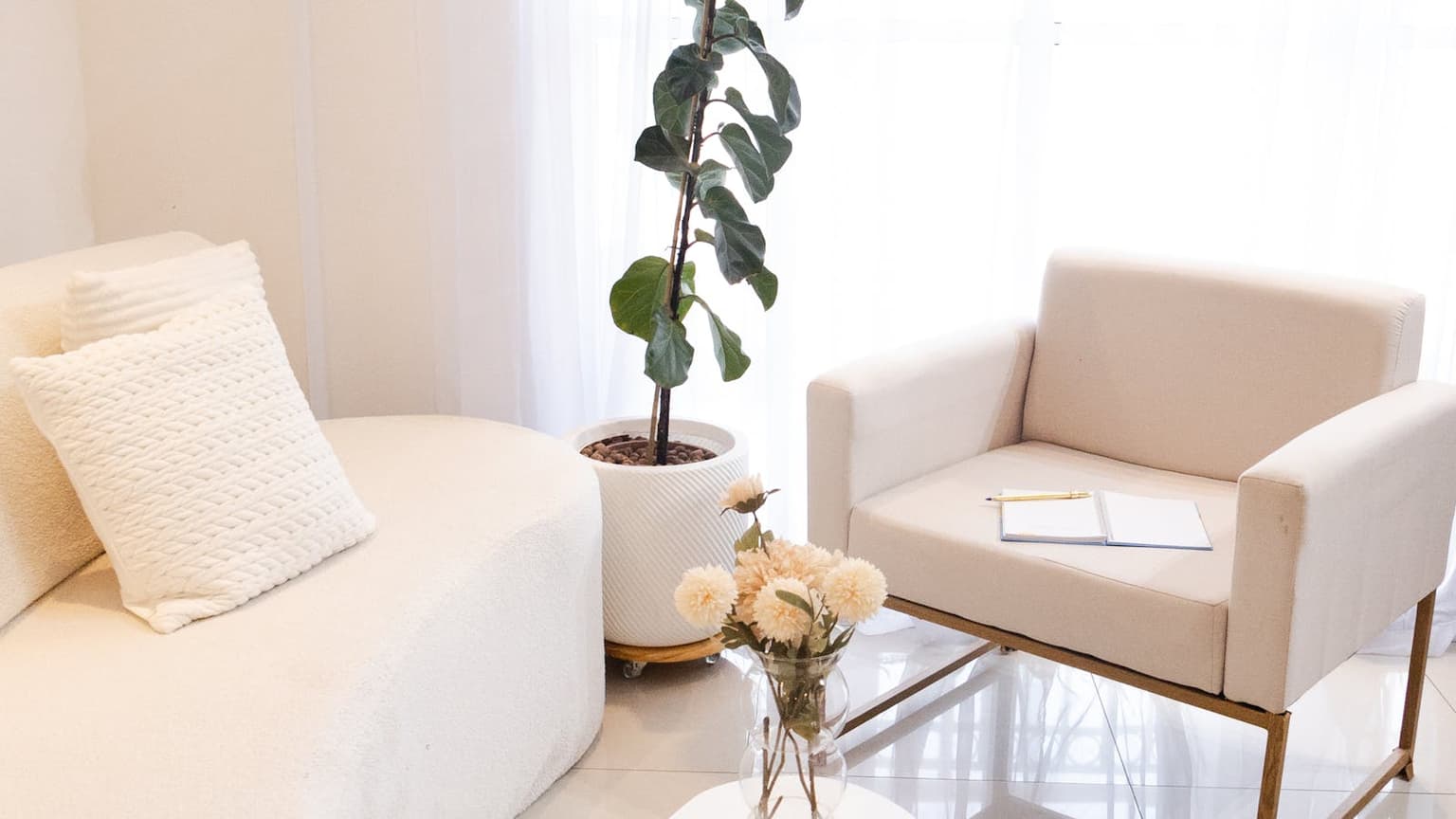 Clean, minimalist living room with natural light